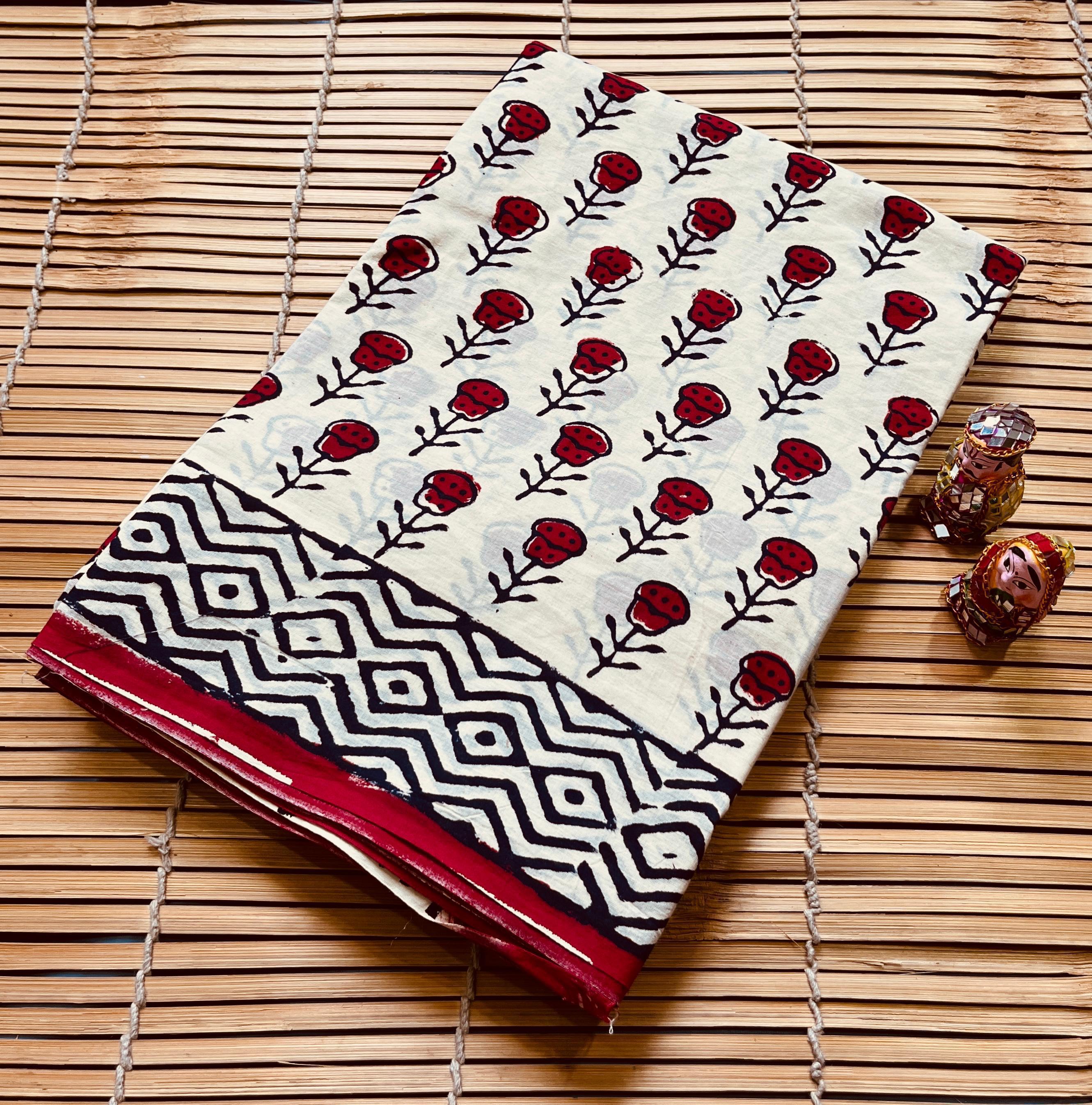 Cream Maroon Floral Buta Cotton Mul Handblock Saree – Premium handblock printed wholesale saree